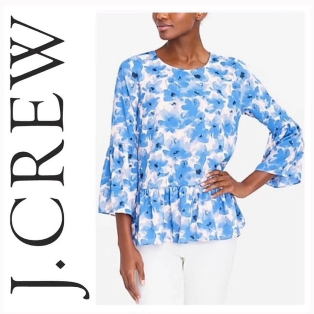 J Crew H5386 NWT XXS Soft Feminine Blue Water Floral Bell Sleeve Peplum Top